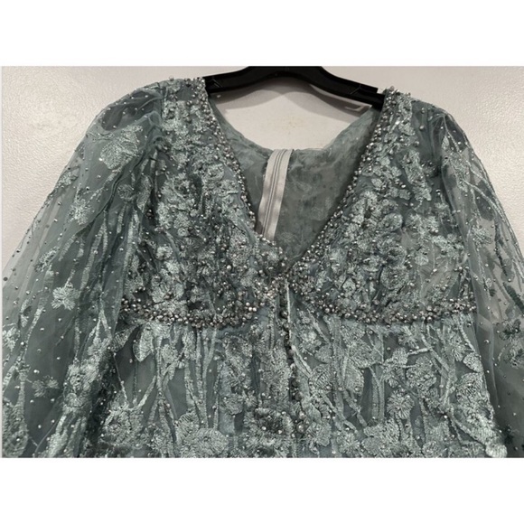 Mac Duggal 20512 Green V-Neck Mesh Puff Sleeve Embellished Tea Length Dress 6 - Picture 3 of 7